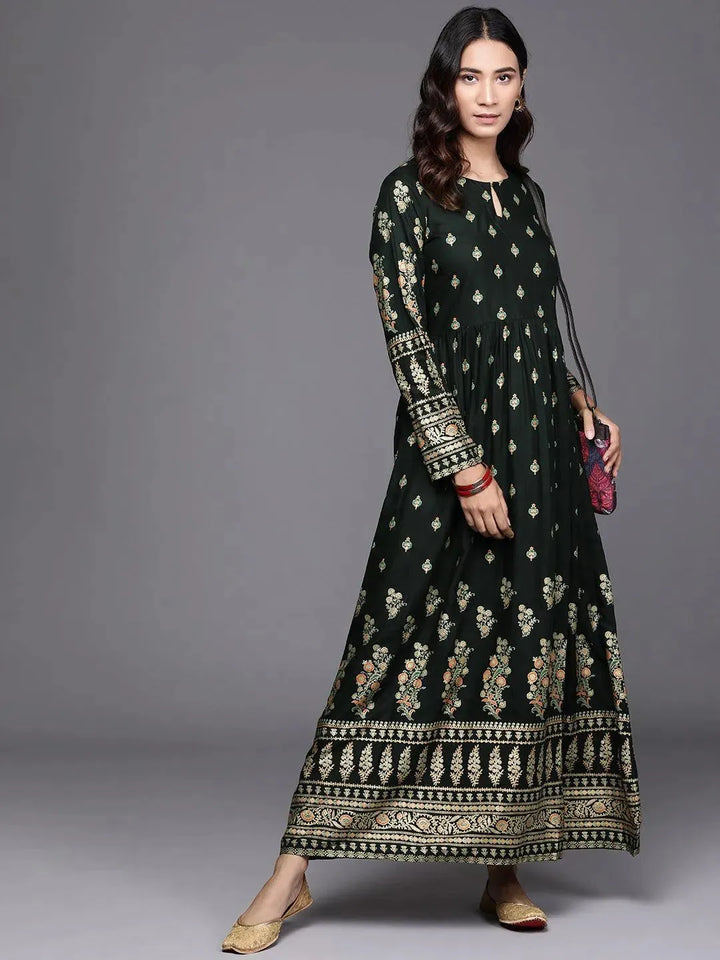 Green Printed Rayon Dress - Libas