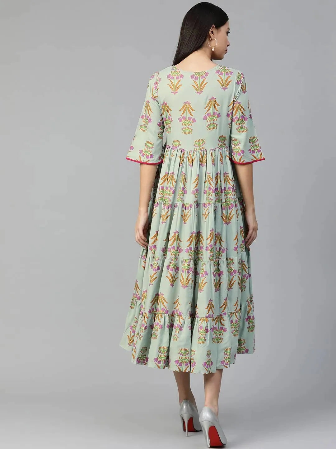 Green Printed Rayon Dress - Libas 