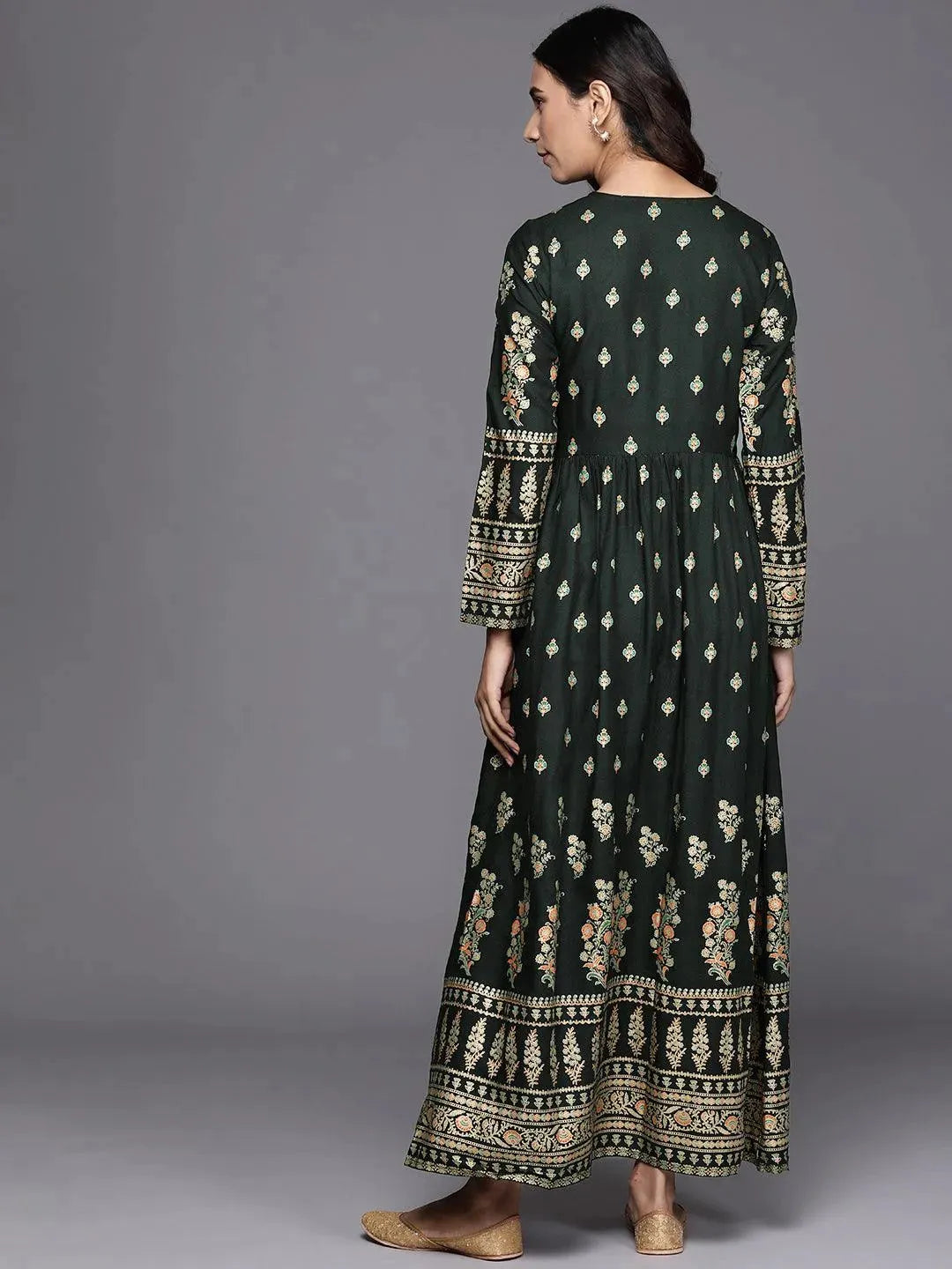 Green Printed Rayon Dress - Libas 