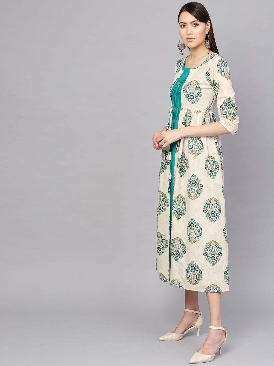 Green Printed Rayon Dress With Jacket