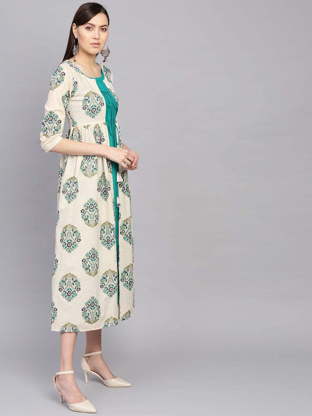 Green Printed Rayon Dress With Jacket