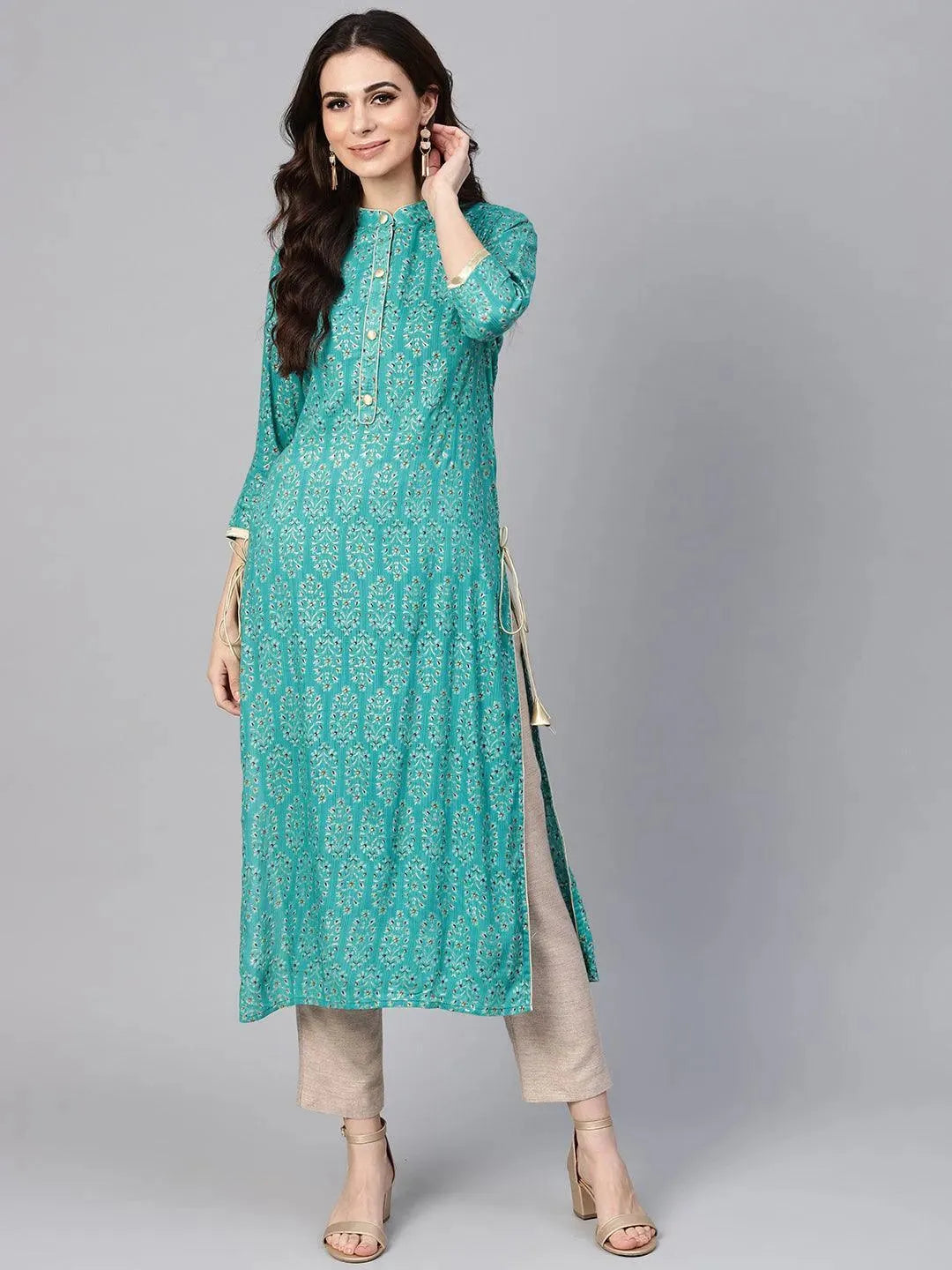 Green Printed Rayon Kurta - Libas