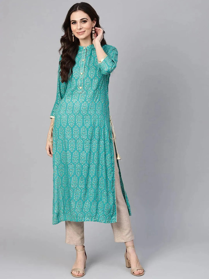 Green Printed Rayon Kurta - Libas