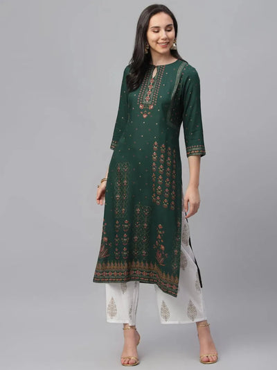 Green Printed Rayon Kurta - Libas