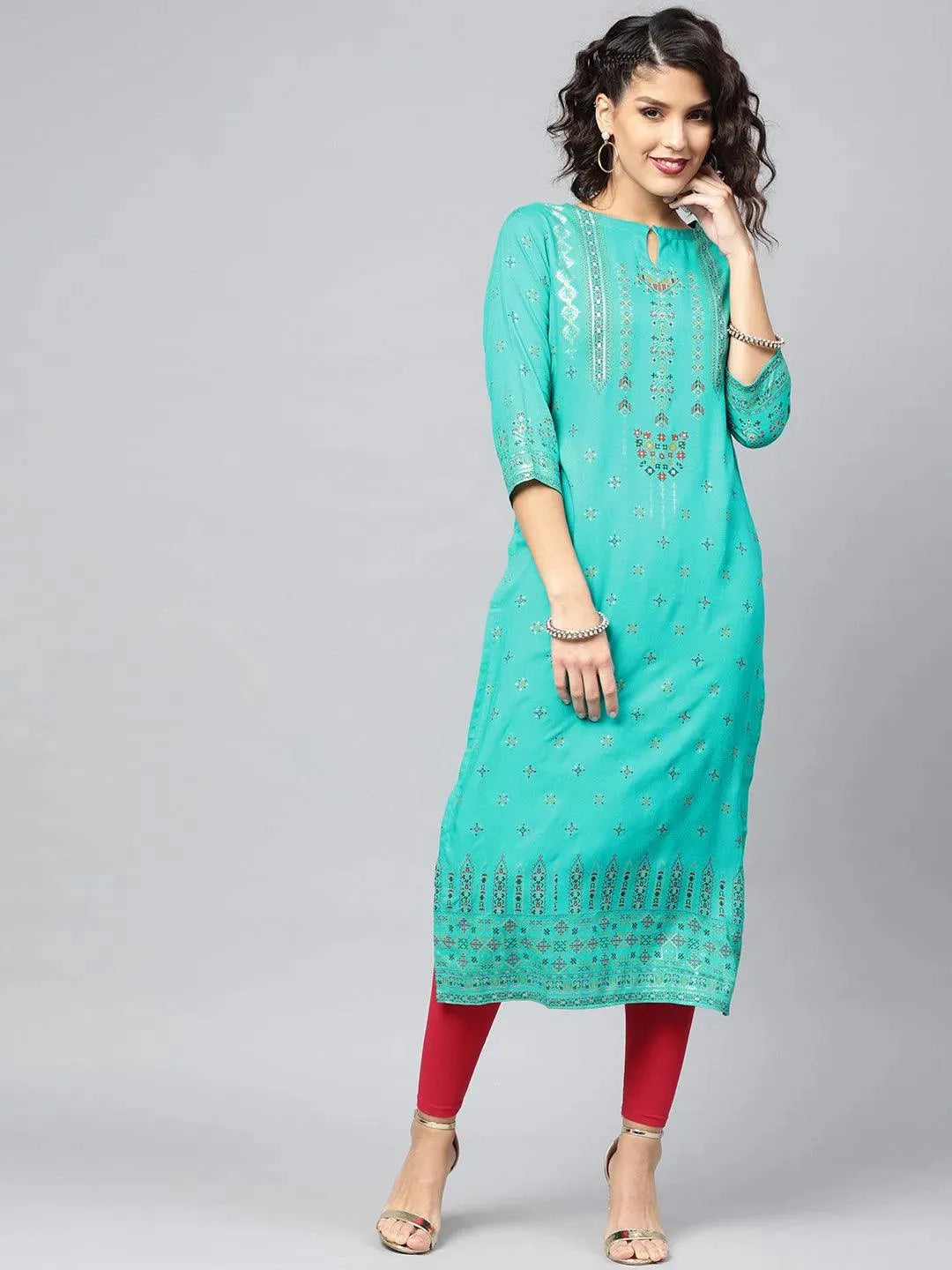 Green Printed Rayon Kurta - Libas