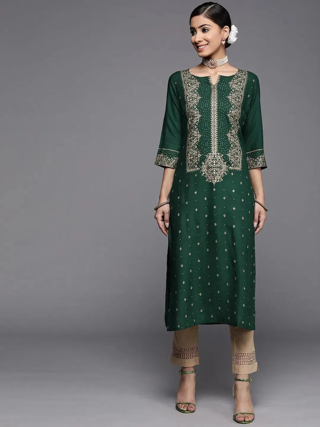 Green Printed Rayon Kurta - Libas