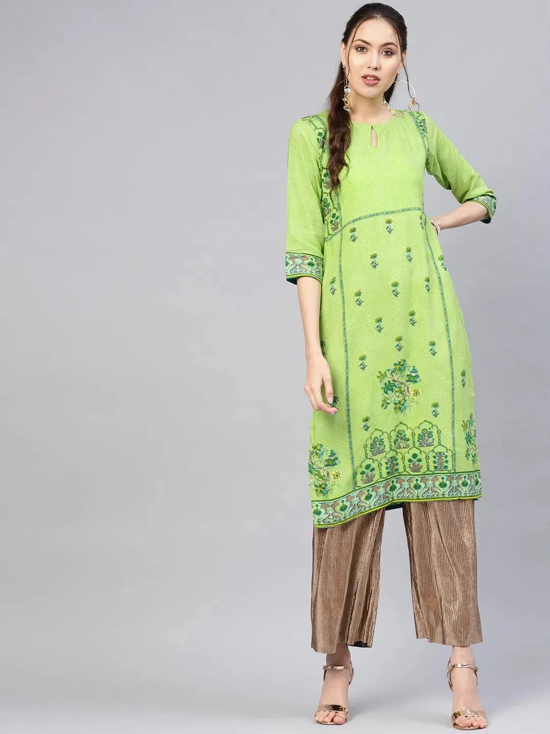 Green Printed Rayon Kurta - Libas