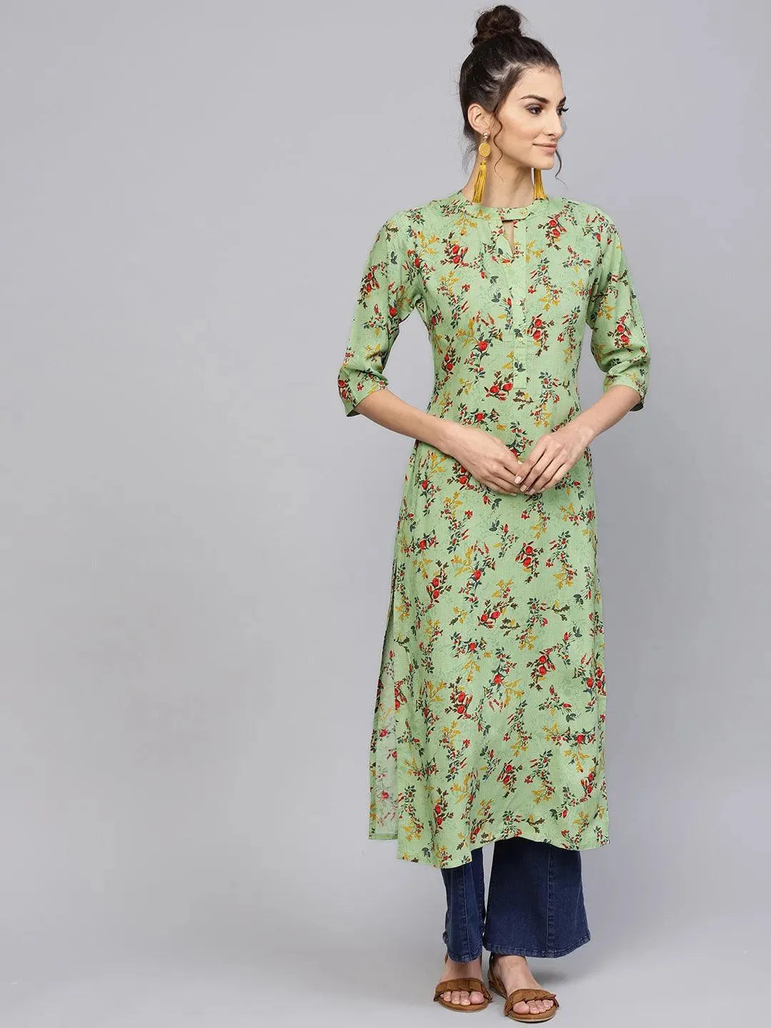 Green Printed Rayon Kurta - Libas 