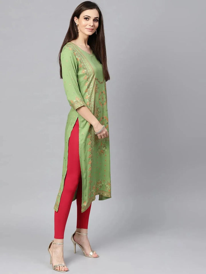Green Printed Rayon Kurta - Libas