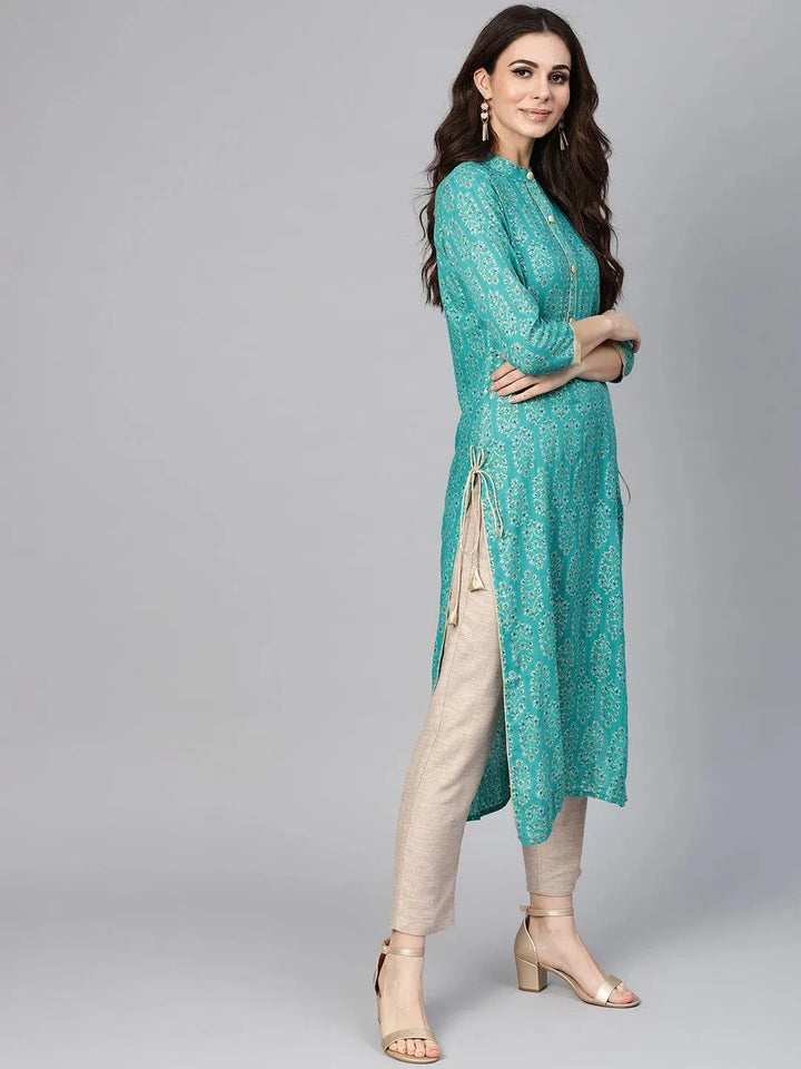 Green Printed Rayon Kurta - Libas