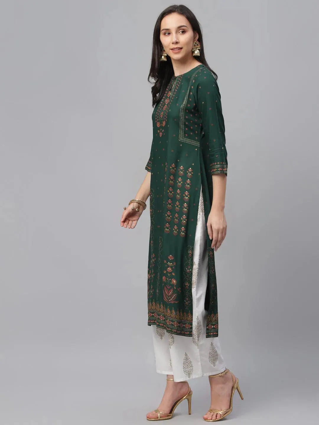 Green Printed Rayon Kurta - Libas