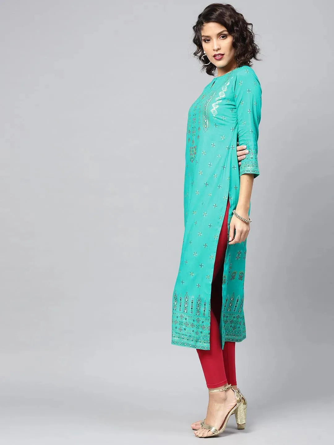 Green Printed Rayon Kurta - Libas