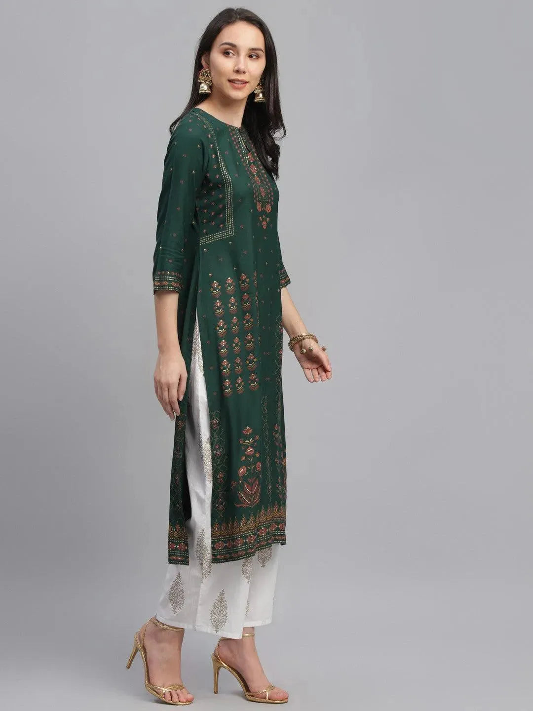 Green Printed Rayon Kurta - Libas