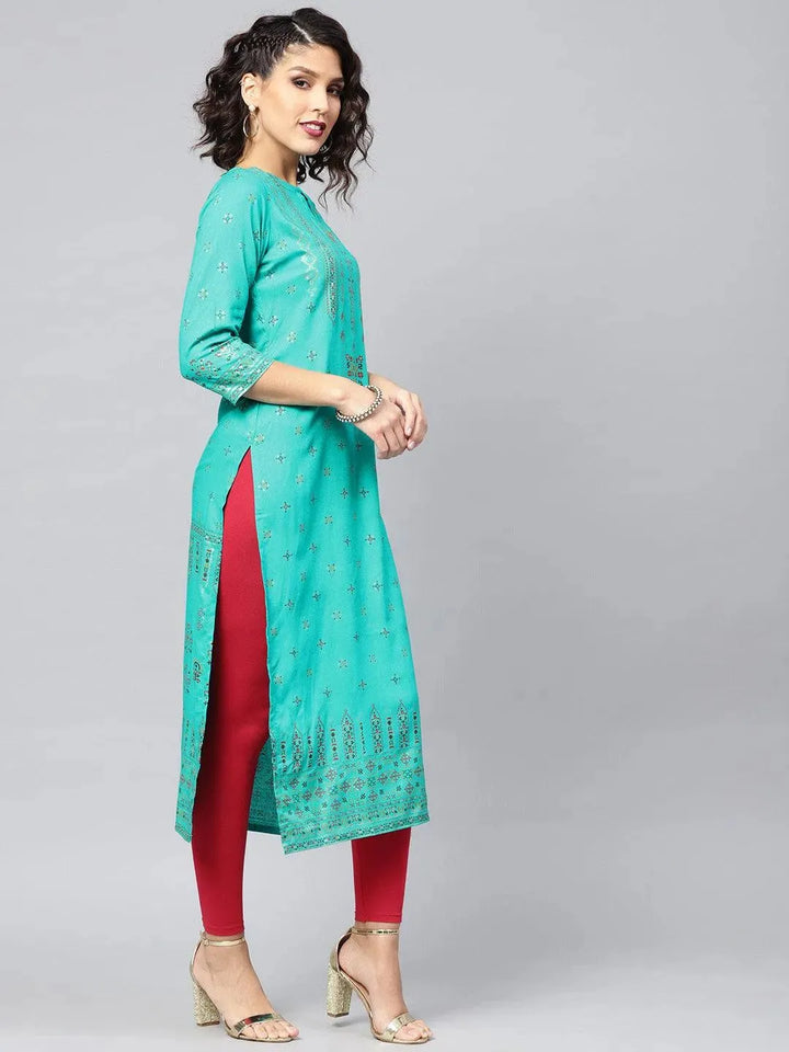 Green Printed Rayon Kurta - Libas