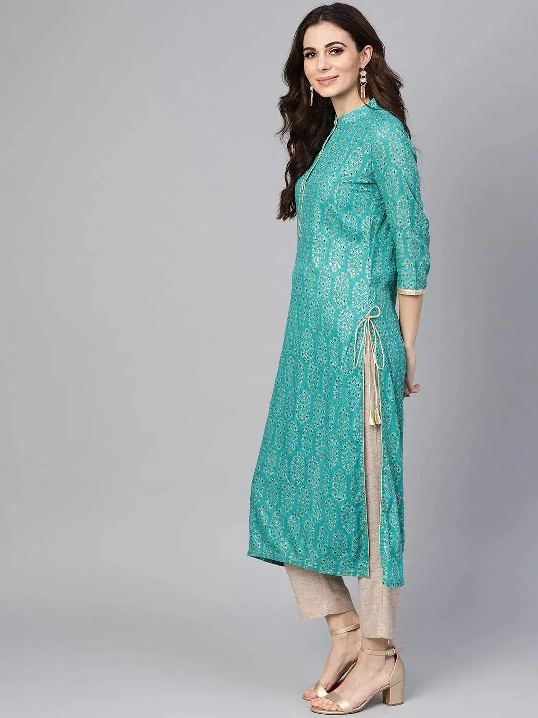 Green Printed Rayon Kurta - Libas 
