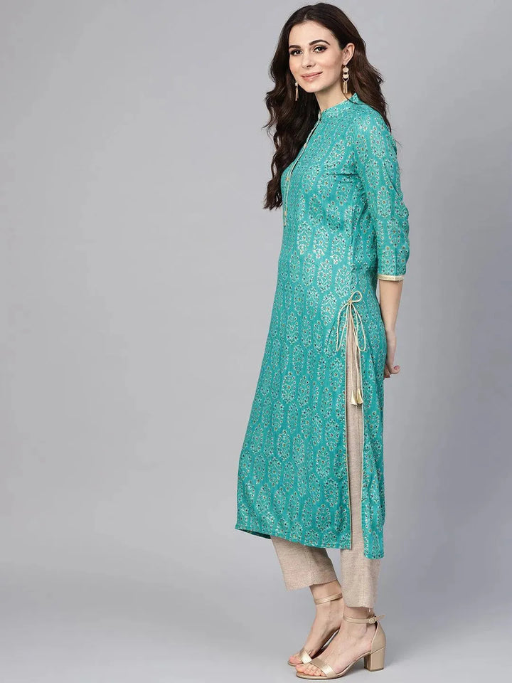 Green Printed Rayon Kurta - Libas