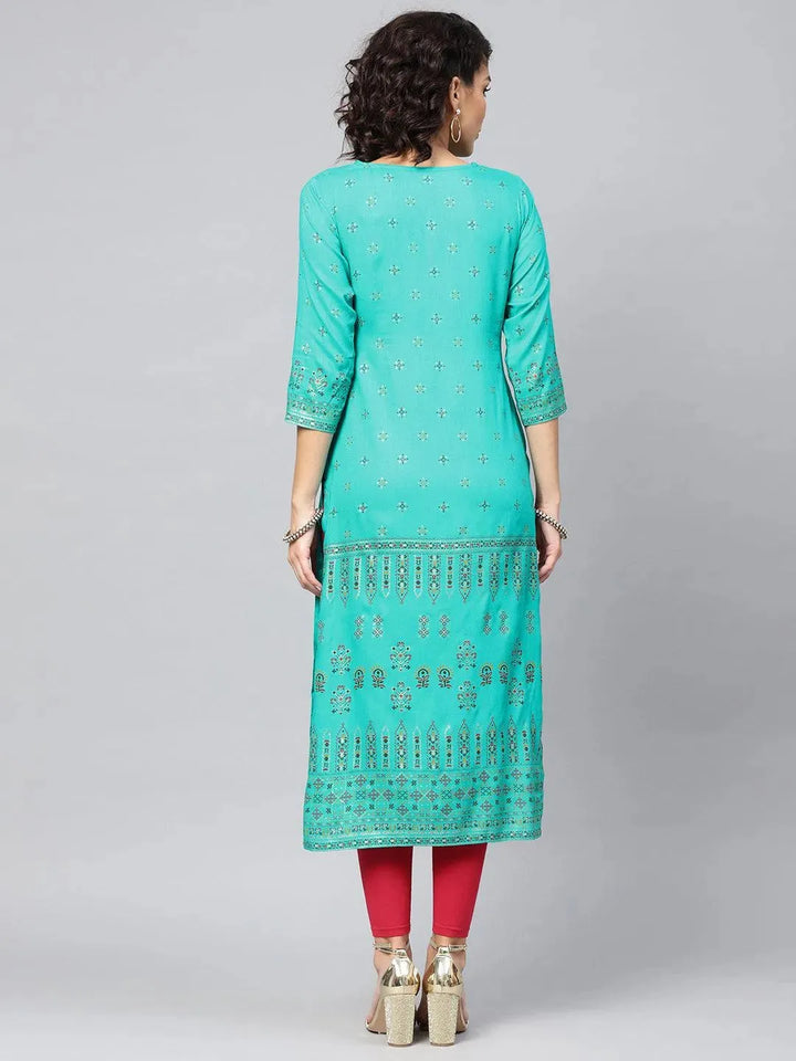 Green Printed Rayon Kurta - Libas