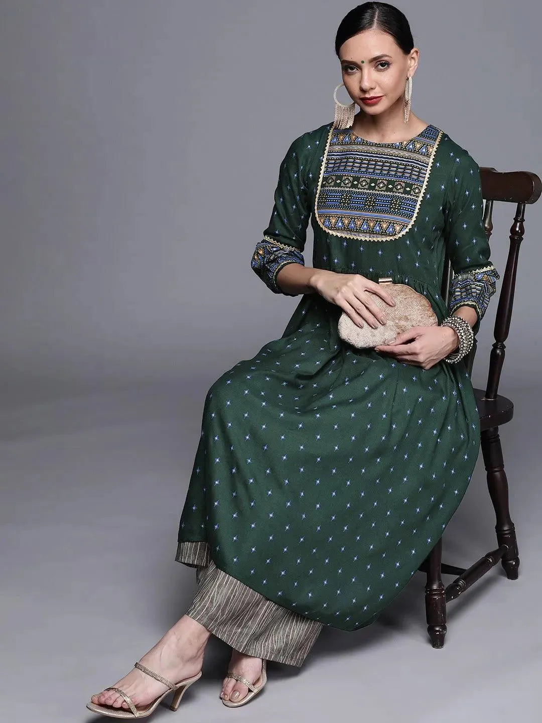 Green Printed Rayon Kurta - Libas