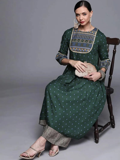 Green Printed Rayon Kurta - Libas