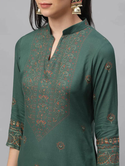 Green Printed Rayon Kurta - Libas