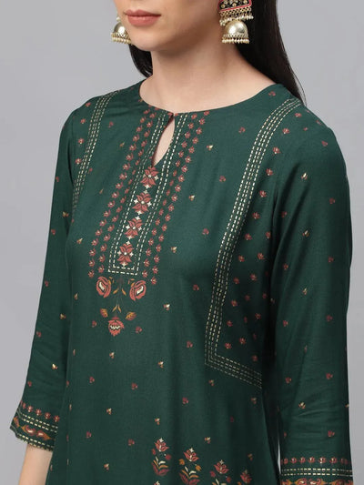 Green Printed Rayon Kurta - Libas