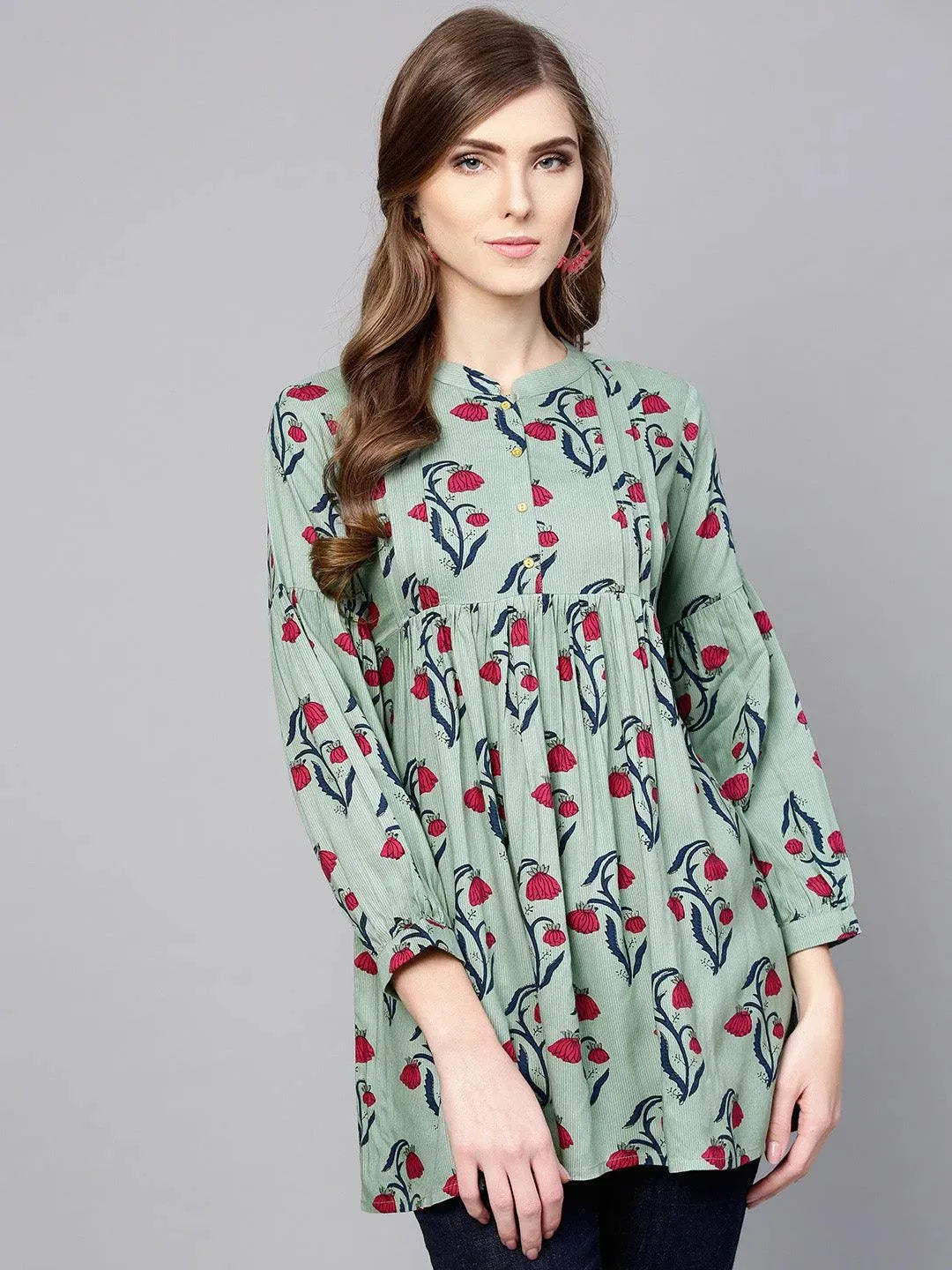 Green Printed Rayon Kurti - Libas