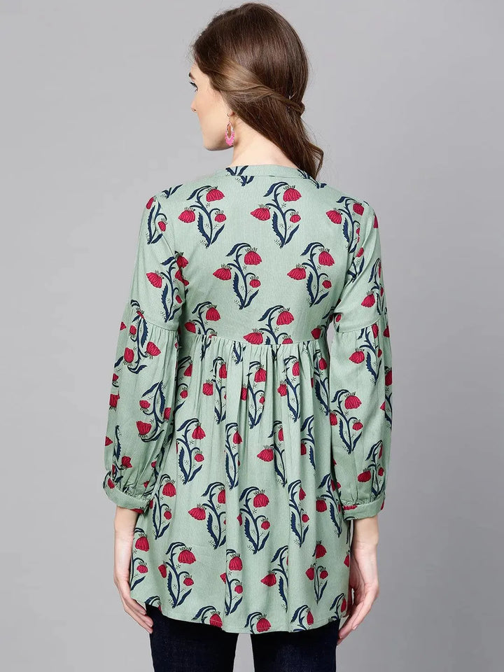 Green Printed Rayon Kurti - Libas