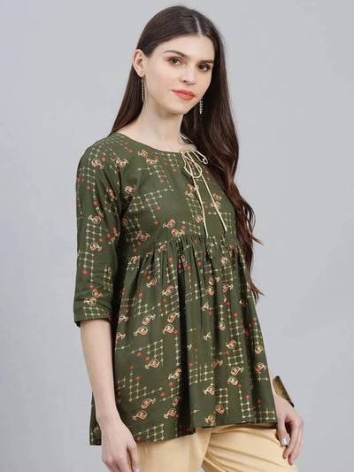 Green Printed Rayon Kurti - Libas