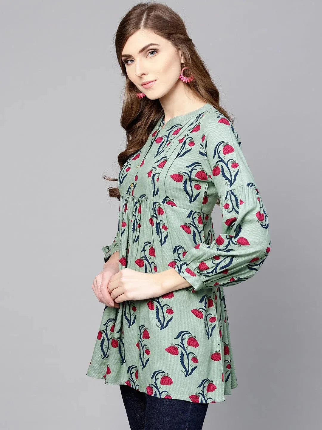 Green Printed Rayon Kurti - Libas