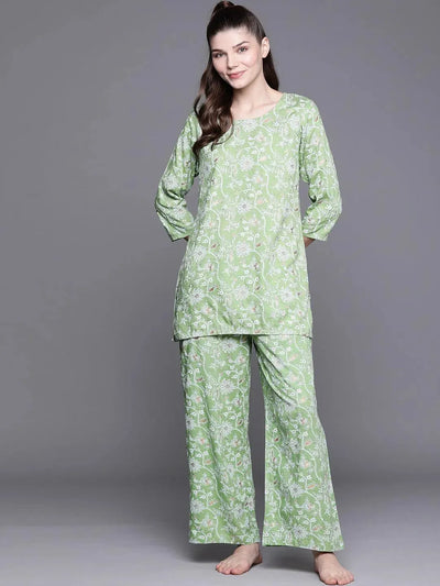 Green Printed Rayon Night Suit - Libas