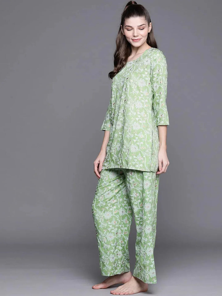 Green Printed Rayon Night Suit - Libas