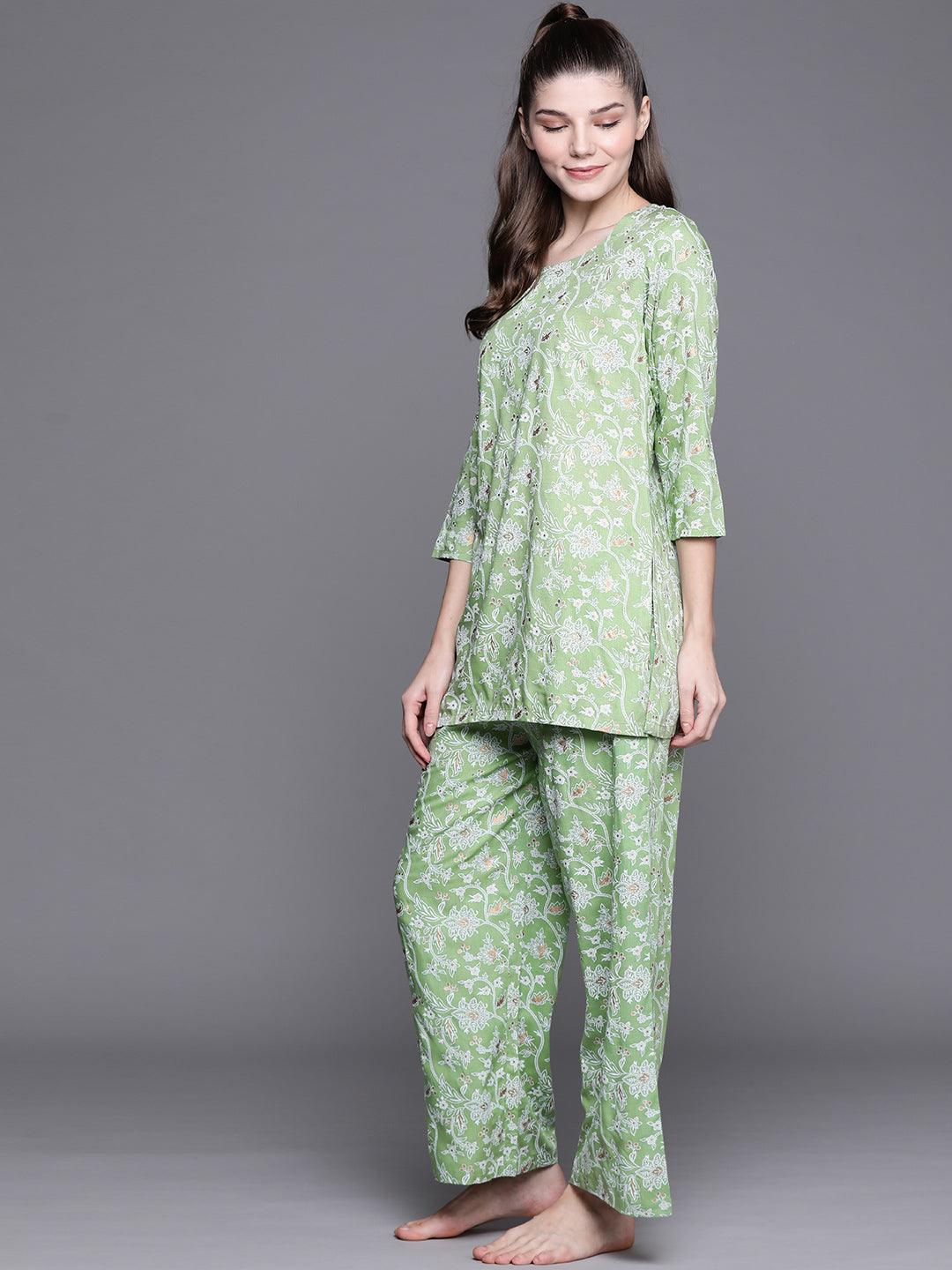 Green Printed Rayon Night Suit - Libas