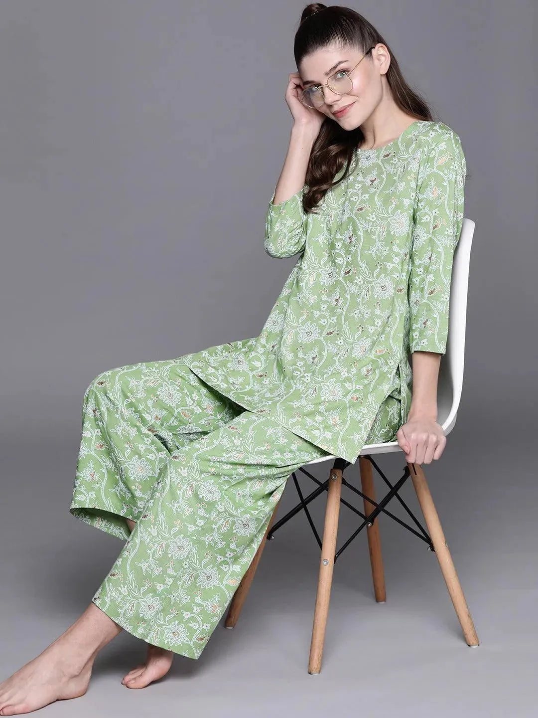 Green Printed Rayon Night Suit - Libas