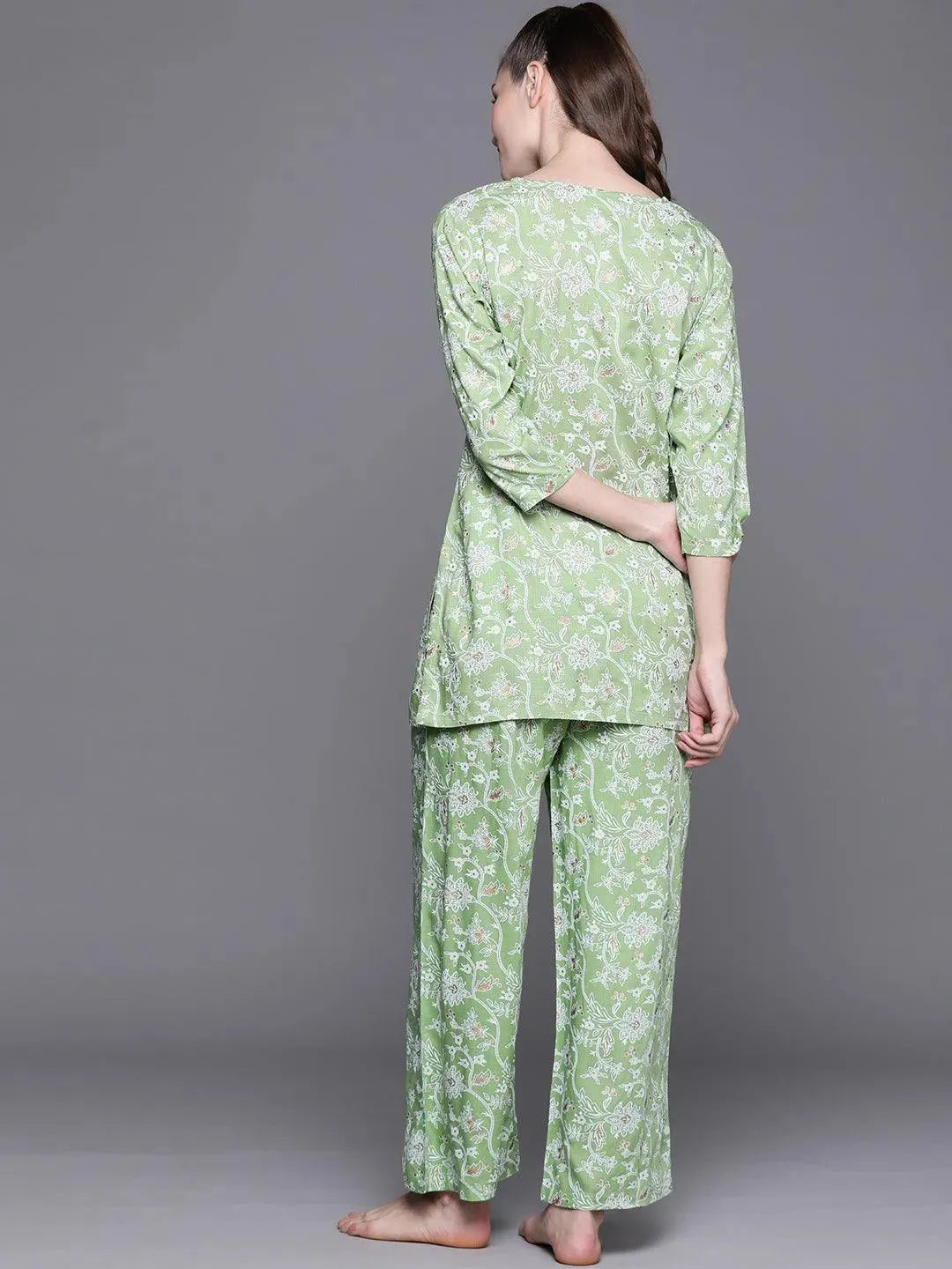 Green Printed Rayon Night Suit - Libas