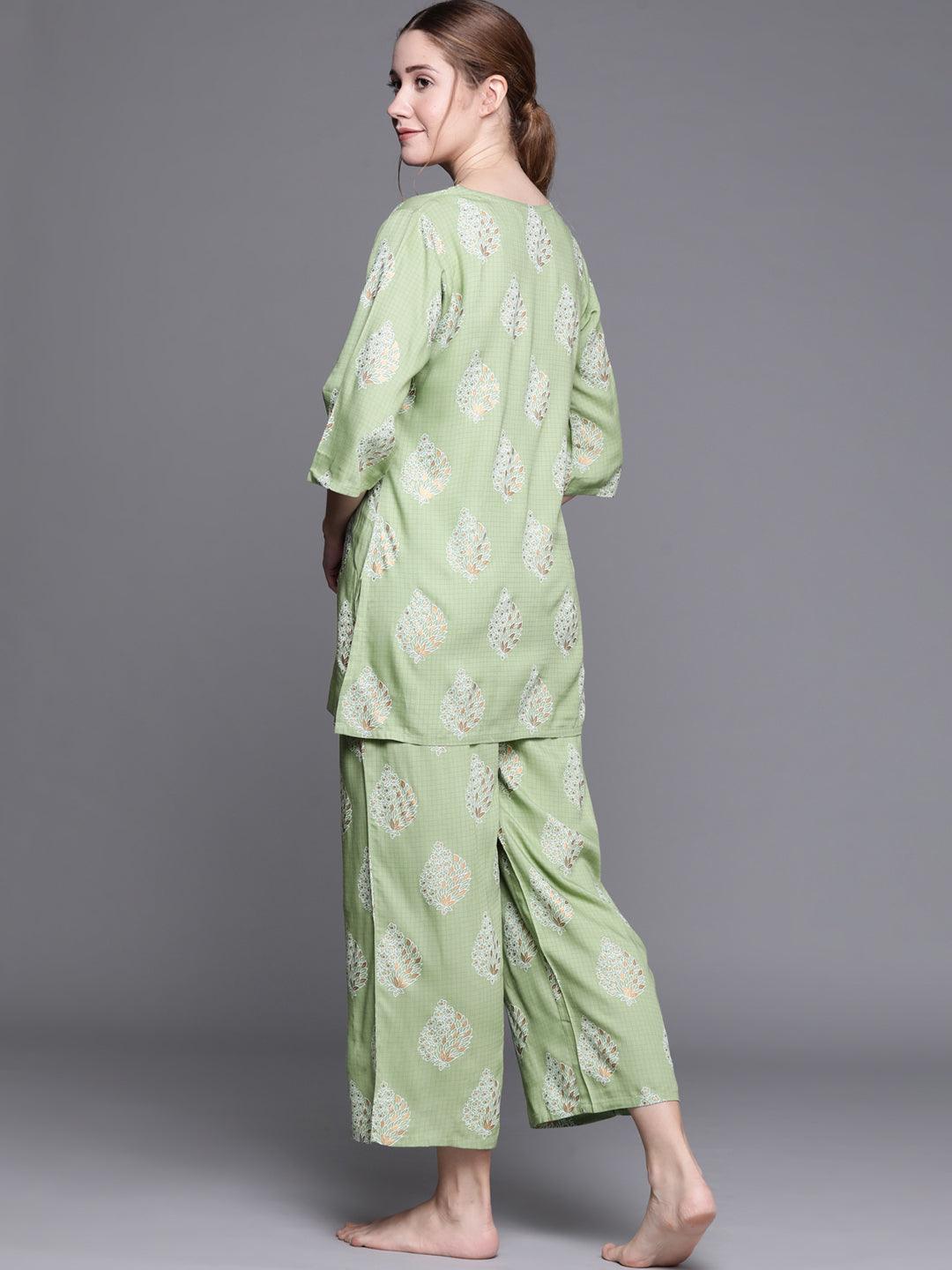 Green Printed Rayon Night Suit - Libas