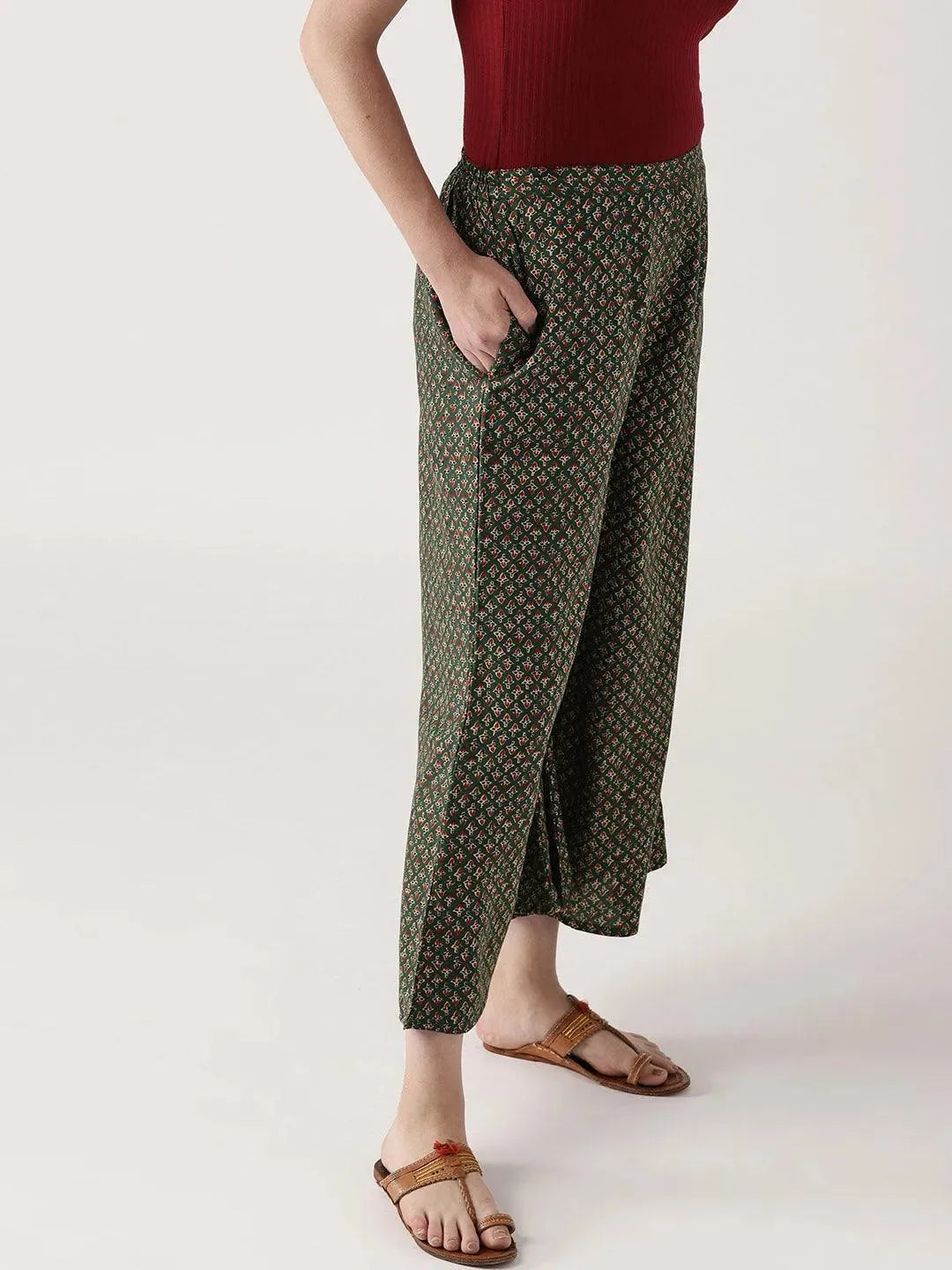 Green Printed Rayon Palazzos - Libas