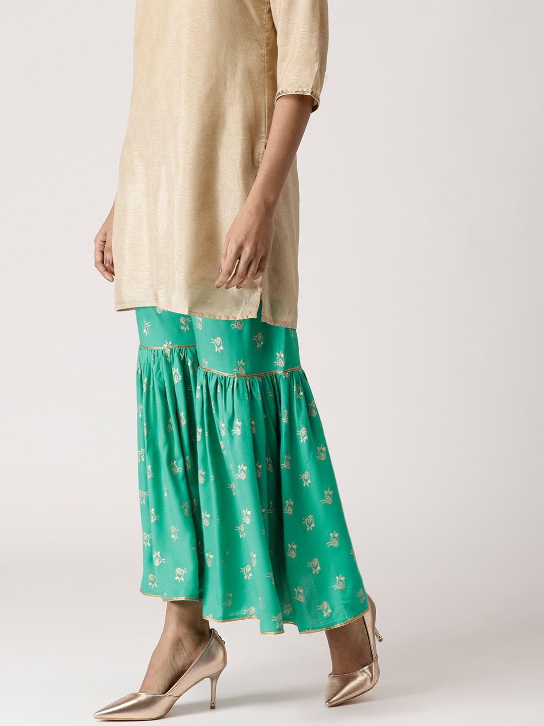 Green Printed Rayon Sharara Pants - Libas