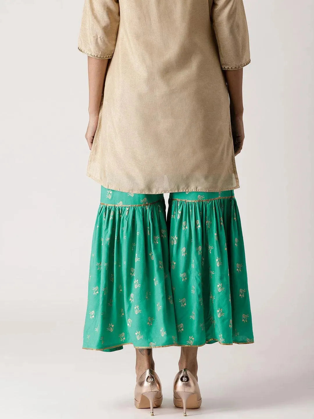 Green Printed Rayon Sharara Pants - Libas