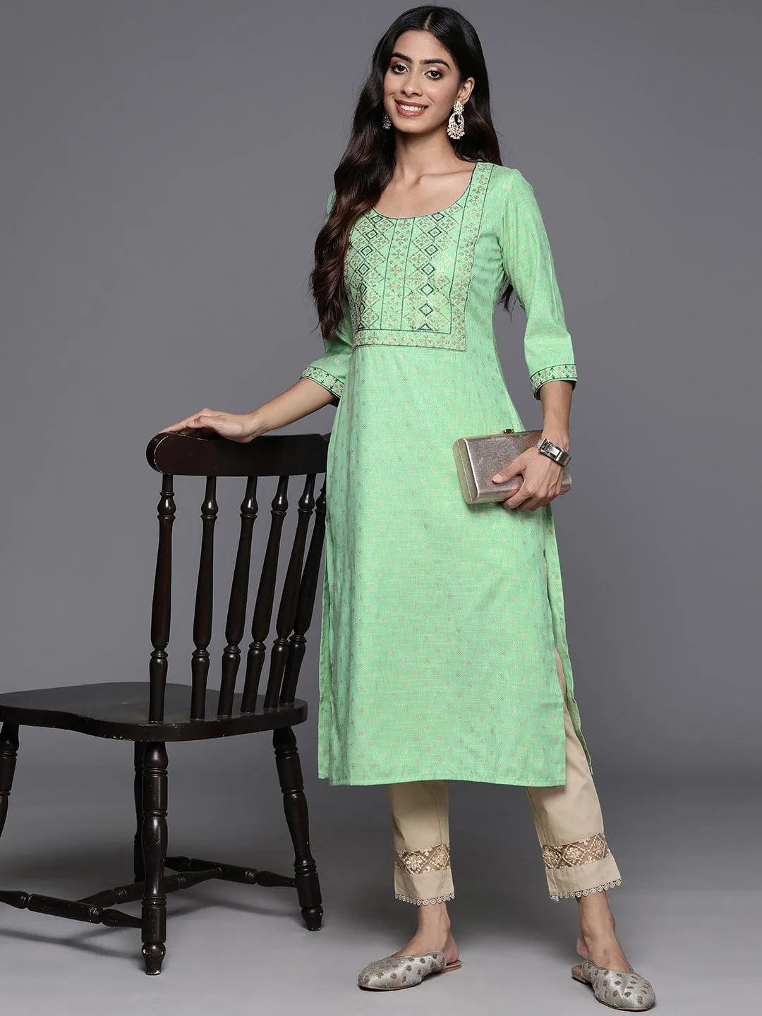 Green Printed Rayon Straight Kurta - Libas 
