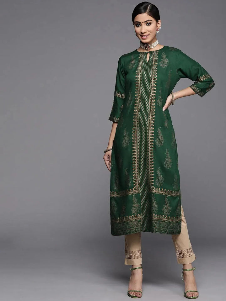 Green Printed Rayon Straight Kurta - Libas