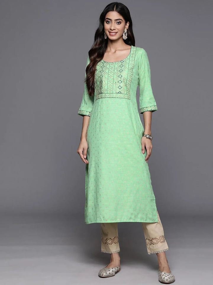 Green Printed Rayon Straight Kurta - Libas