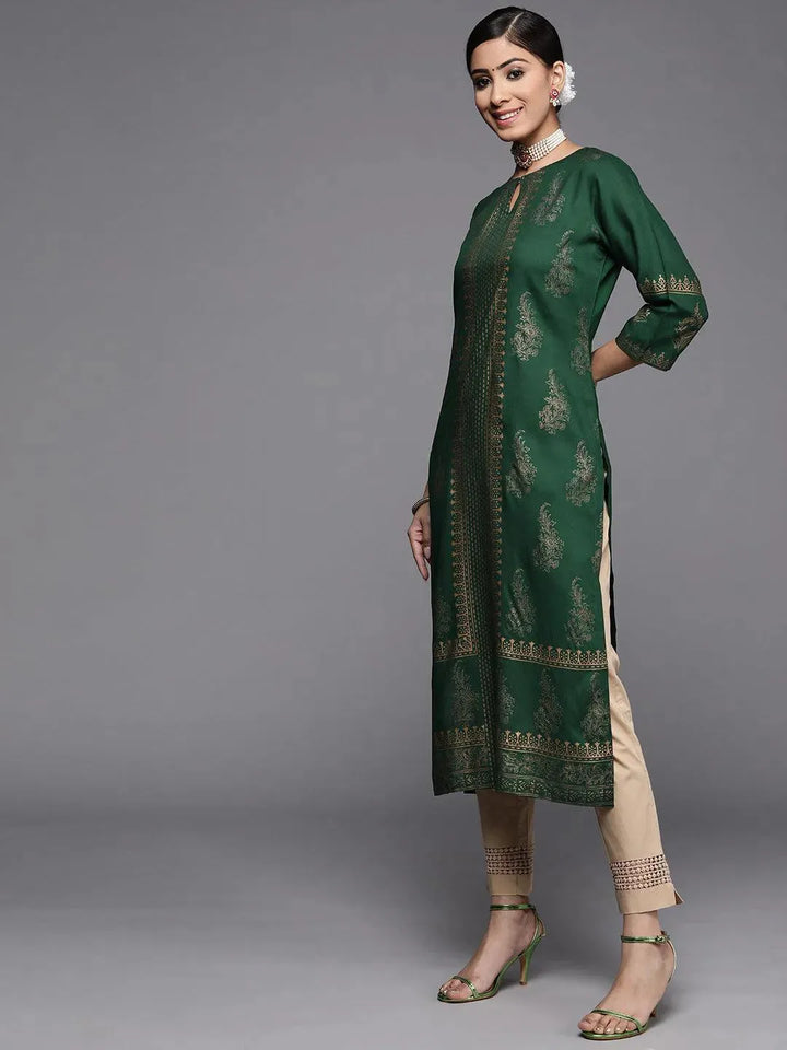 Green Printed Rayon Straight Kurta - Libas