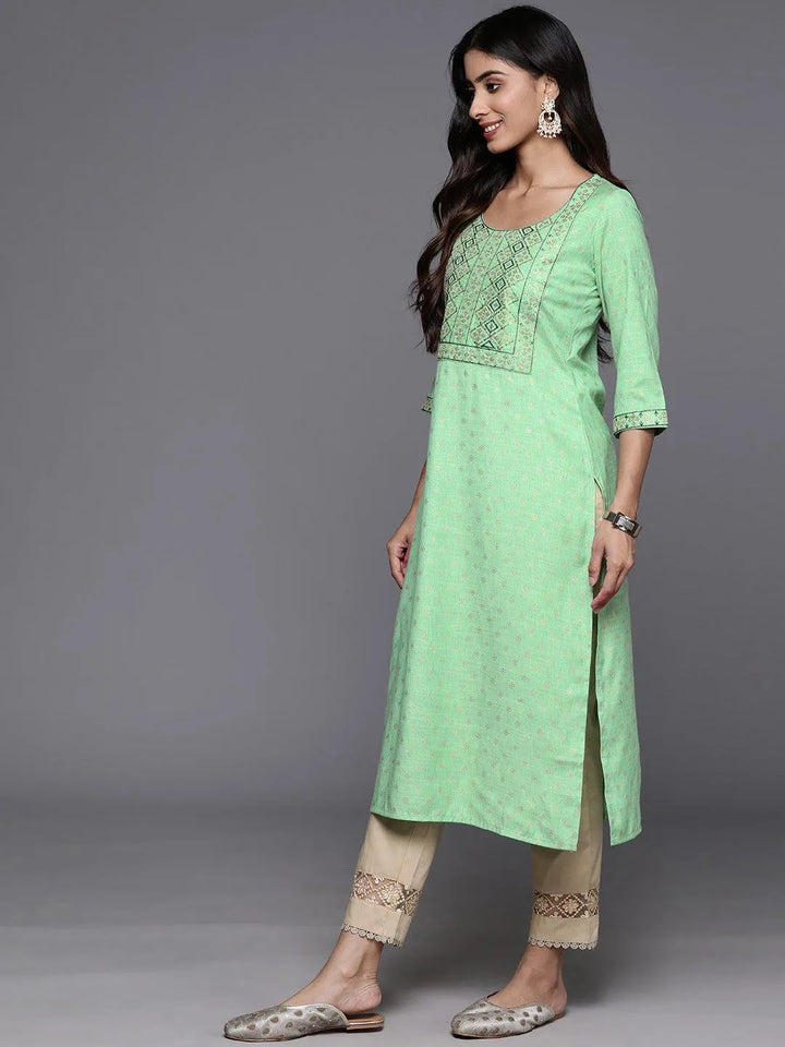 Green Printed Rayon Straight Kurta - Libas