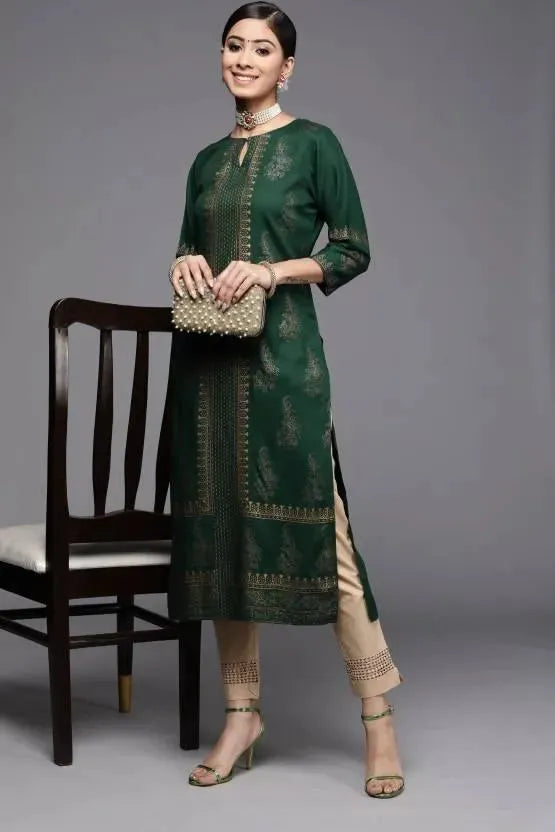 Green Printed Rayon Straight Kurta - Libas