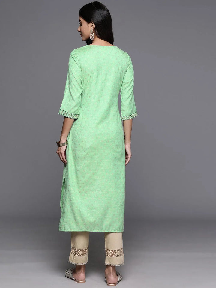 Green Printed Rayon Straight Kurta - Libas