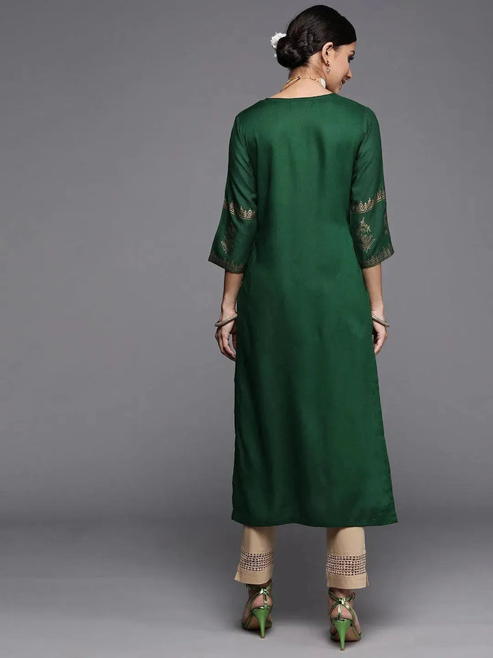 Green Printed Rayon Straight Kurta - Libas