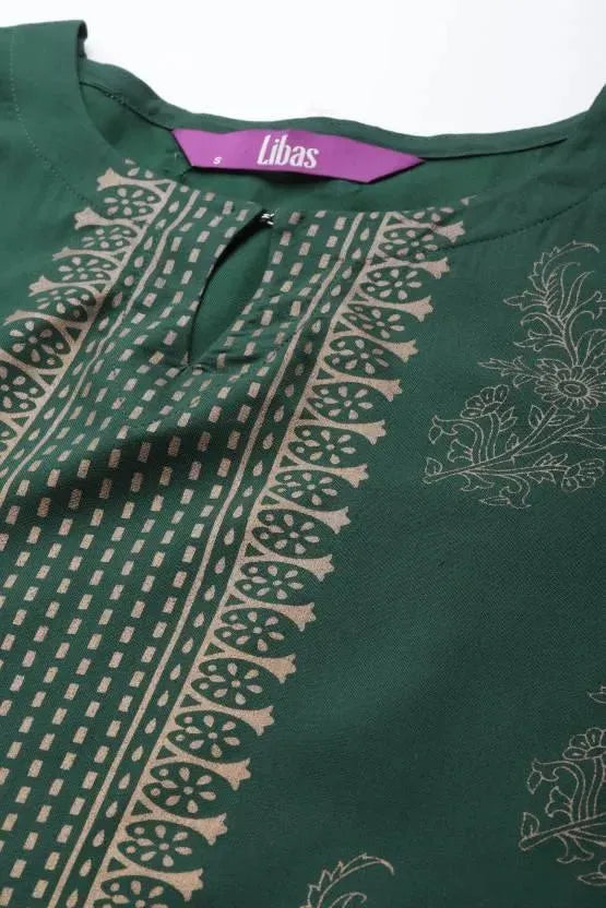 Green Printed Rayon Straight Kurta - Libas