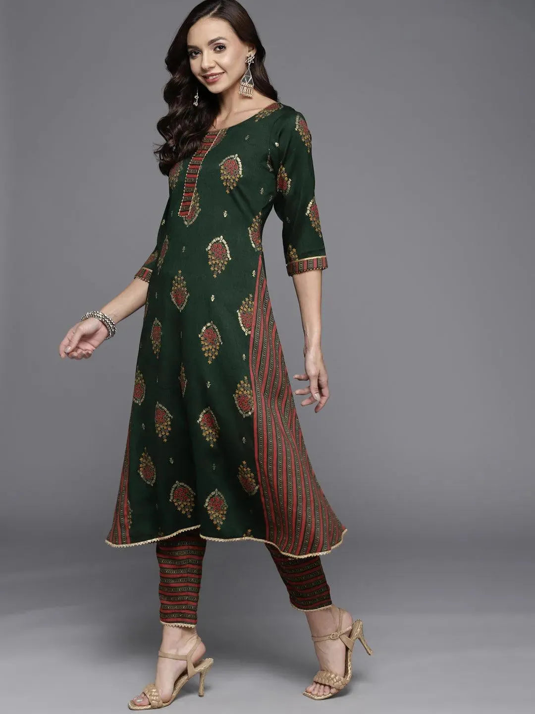 Green Printed Rayon Straight Suit Set - Libas 