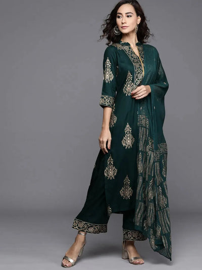 Green Printed Viscose Rayon Suit Set - Libas