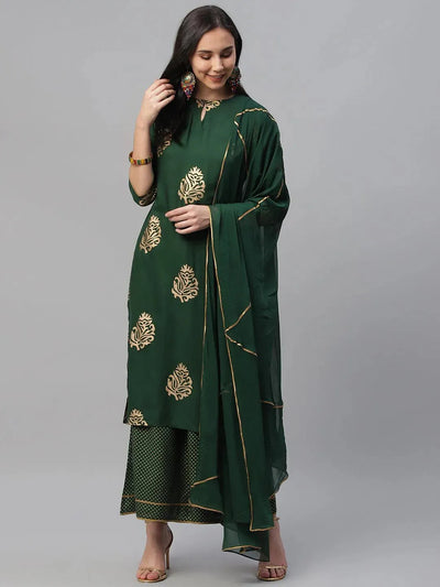 Green Printed Rayon Suit Set - Libas